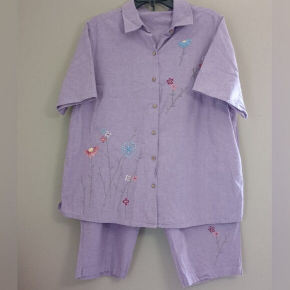 Vintage At Last Light Purple 100% Cotton Short Sleeve Top /Capri Set Size 18/20W - Picture 1 of 12